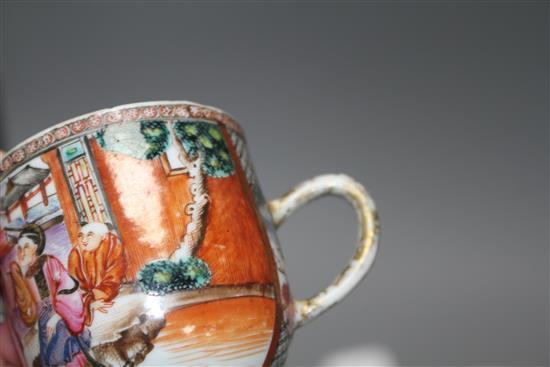 Four 18th century Chinese famille rose polychrome coffee cups, Qianlong period, and a blue and white saucer dish, 11.5cm